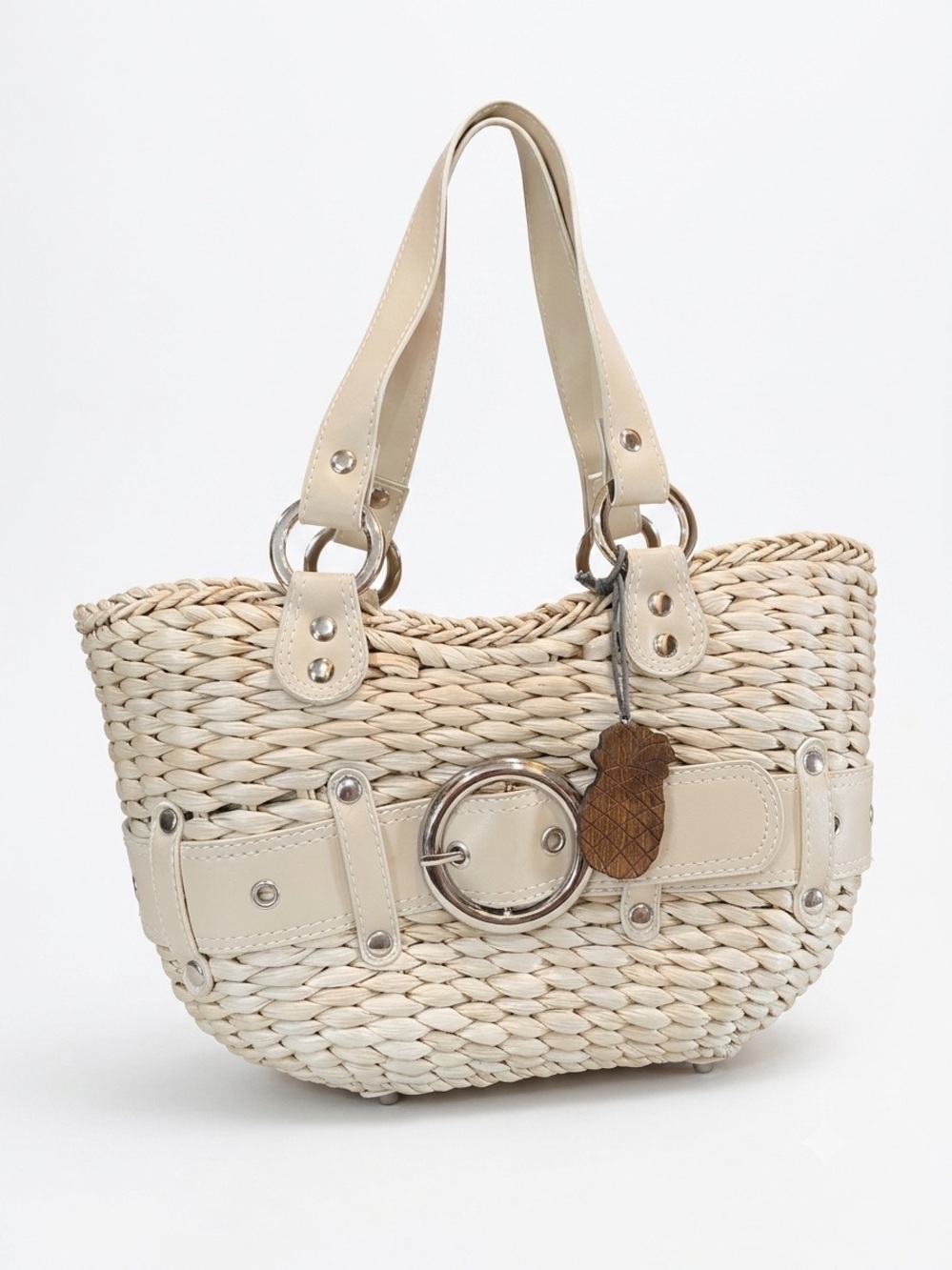 NEW Sun & Sand Woven Straw & Faux Leather Boho Chic Top-Handle Bag